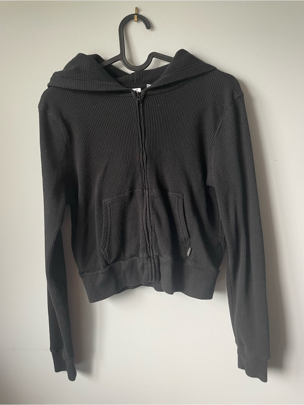 Aritzia Black Hooded Zip-Up Waffle Jacket